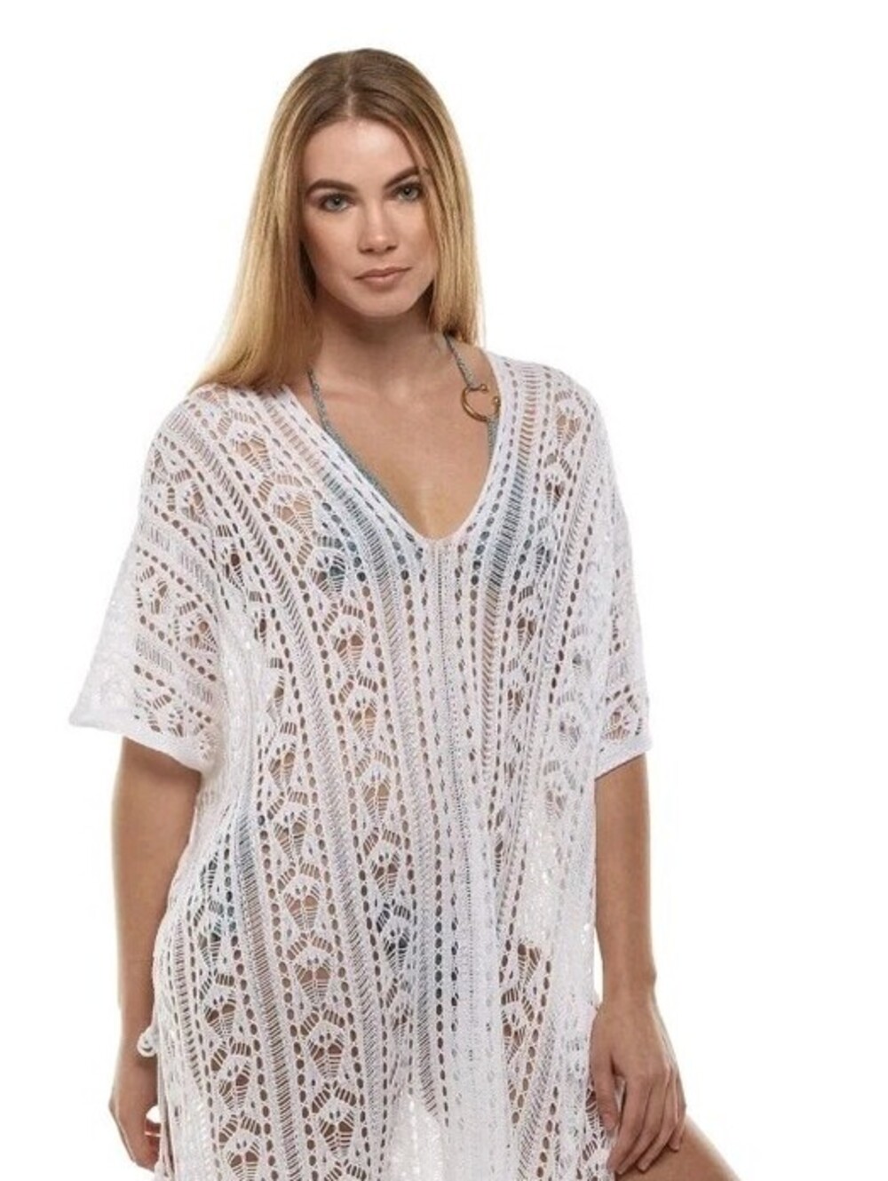 Crocheted  Beige Swimsuit Cover Up Roomy Belted One Size Loose Fit